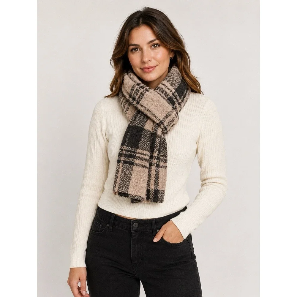 Barefoot Dreams CozyChic Plaid Oversized Scarf Wrap Beige Brown